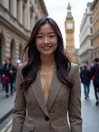 stylish and chic  woman in London wearing a checkered suit, Big Ben in the background