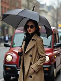 stylish and chic  woman in London sporting a trench coat and holding an umbrella, iconic London cab in the background