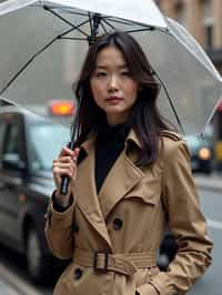 stylish and chic  woman in London sporting a trench coat and holding an umbrella, iconic London cab in the background