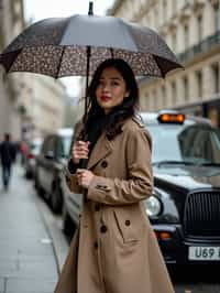 stylish and chic  woman in London sporting a trench coat and holding an umbrella, iconic London cab in the background