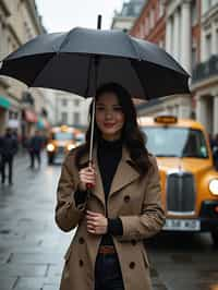 stylish and chic  woman in London sporting a trench coat and holding an umbrella, iconic London cab in the background