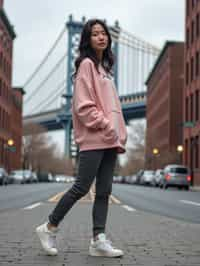 stylish and chic  woman in New York City wearing an oversized sweatshirt and high top sneakers, Brooklyn Bridge in the background