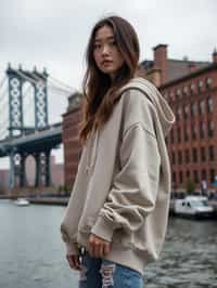 stylish and chic  woman in New York City wearing an oversized sweatshirt and high top sneakers, Brooklyn Bridge in the background