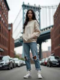 stylish and chic  woman in New York City wearing an oversized sweatshirt and high top sneakers, Brooklyn Bridge in the background