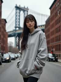 stylish and chic  woman in New York City wearing an oversized sweatshirt and high top sneakers, Brooklyn Bridge in the background