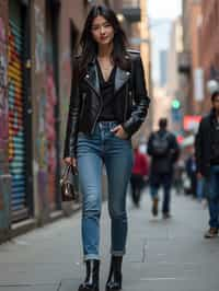 stylish and chic  woman in New York City wearing a leather jacket, jeans, and boots with urban graffiti in the background