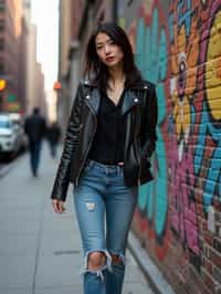 stylish and chic  woman in New York City wearing a leather jacket, jeans, and boots with urban graffiti in the background