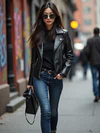 stylish and chic  woman in New York City wearing a leather jacket, jeans, and boots with urban graffiti in the background