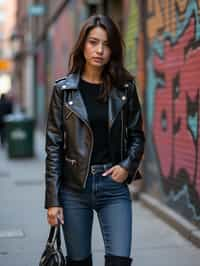 stylish and chic  woman in New York City wearing a leather jacket, jeans, and boots with urban graffiti in the background