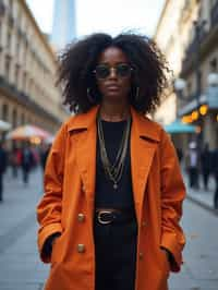 stylish and chic  woman in Buenos Aires wearing a modern street style outfit, Obelisco de Buenos Aires in the background