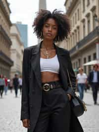 stylish and chic  woman in Buenos Aires wearing a modern street style outfit, Obelisco de Buenos Aires in the background