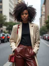 stylish and chic  woman in Buenos Aires wearing a modern street style outfit, Obelisco de Buenos Aires in the background