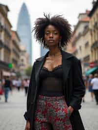 stylish and chic  woman in Buenos Aires wearing a modern street style outfit, Obelisco de Buenos Aires in the background