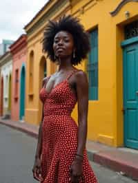 stylish and chic  woman in Buenos Aires wearing a tango-inspired dress/suit, colorful houses of La Boca neighborhood in the background