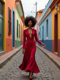 stylish and chic  woman in Buenos Aires wearing a tango-inspired dress/suit, colorful houses of La Boca neighborhood in the background