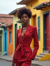 stylish and chic  woman in Buenos Aires wearing a tango-inspired dress/suit, colorful houses of La Boca neighborhood in the background