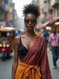 stylish and chic  woman in Mumbai wearing a contemporary fusion outfit, bustling streets of Mumbai in the background