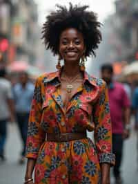 stylish and chic  woman in Mumbai wearing a contemporary fusion outfit, bustling streets of Mumbai in the background