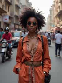 stylish and chic  woman in Mumbai wearing a contemporary fusion outfit, bustling streets of Mumbai in the background