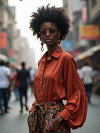 stylish and chic  woman in Mumbai wearing a contemporary fusion outfit, bustling streets of Mumbai in the background