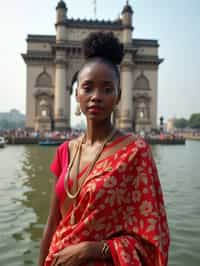 stylish and chic  woman in Mumbai wearing a vibrant saree/kurta, Gateway of India in the background