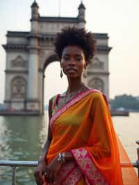 stylish and chic  woman in Mumbai wearing a vibrant saree/kurta, Gateway of India in the background