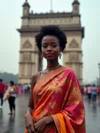 stylish and chic  woman in Mumbai wearing a vibrant saree/kurta, Gateway of India in the background