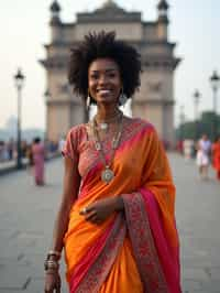 stylish and chic  woman in Mumbai wearing a vibrant saree/kurta, Gateway of India in the background