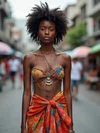 stylish and chic  woman in Thailand wearing a vibrant sarong, Bangkok in the background