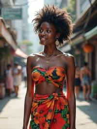 stylish and chic  woman in Thailand wearing a vibrant sarong, Bangkok in the background