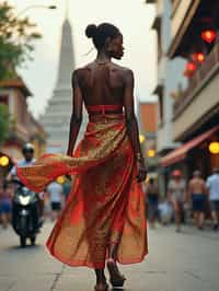 stylish and chic  woman in Thailand wearing a vibrant sarong, Bangkok in the background