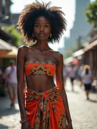 stylish and chic  woman in Thailand wearing a vibrant sarong, Bangkok in the background