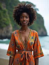 stylish and chic  woman in Bali wearing vibrant Batik clothes, Bali, Indonesia in the background