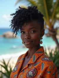 stylish and chic  woman in Bali wearing vibrant Batik clothes, Bali, Indonesia in the background