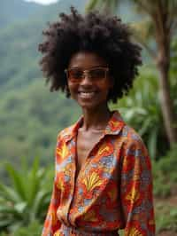 stylish and chic  woman in Bali wearing vibrant Batik clothes, Bali, Indonesia in the background