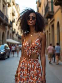 stylish and chic  woman in Barcelona wearing a stylish summer outfit, La Sagrada Família in the background