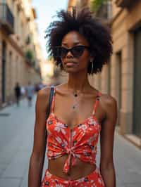 stylish and chic  woman in Barcelona wearing a stylish summer outfit, La Sagrada Família in the background