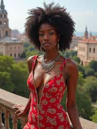 stylish and chic  woman in Barcelona wearing a flamenco-inspired dress/suit, Park Güell in the background