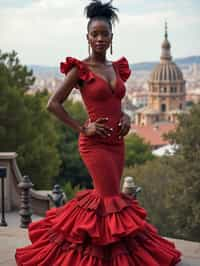 stylish and chic  woman in Barcelona wearing a flamenco-inspired dress/suit, Park Güell in the background