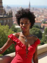 stylish and chic  woman in Barcelona wearing a flamenco-inspired dress/suit, Park Güell in the background