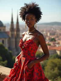 stylish and chic  woman in Barcelona wearing a flamenco-inspired dress/suit, Park Güell in the background