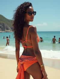 stylish and chic  woman in Rio de Janeiro wearing a trendy swimsuit and sarong, Copacabana Beach in the background