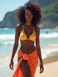 stylish and chic  woman in Rio de Janeiro wearing a trendy swimsuit and sarong, Copacabana Beach in the background