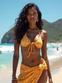 stylish and chic  woman in Rio de Janeiro wearing a trendy swimsuit and sarong, Copacabana Beach in the background