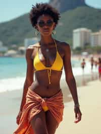 stylish and chic  woman in Rio de Janeiro wearing a trendy swimsuit and sarong, Copacabana Beach in the background