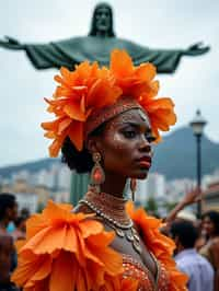 stylish and chic  woman in Rio de Janeiro wearing a vibrant carnival-inspired costume, Christ the Redeemer statue in the background