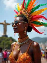 stylish and chic  woman in Rio de Janeiro wearing a vibrant carnival-inspired costume, Christ the Redeemer statue in the background