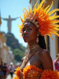 stylish and chic  woman in Rio de Janeiro wearing a vibrant carnival-inspired costume, Christ the Redeemer statue in the background