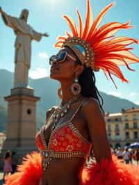 stylish and chic  woman in Rio de Janeiro wearing a vibrant carnival-inspired costume, Christ the Redeemer statue in the background