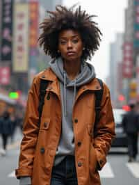 stylish and chic  woman in Shanghai wearing a contemporary streetwear outfit, Nanjing Road in the background